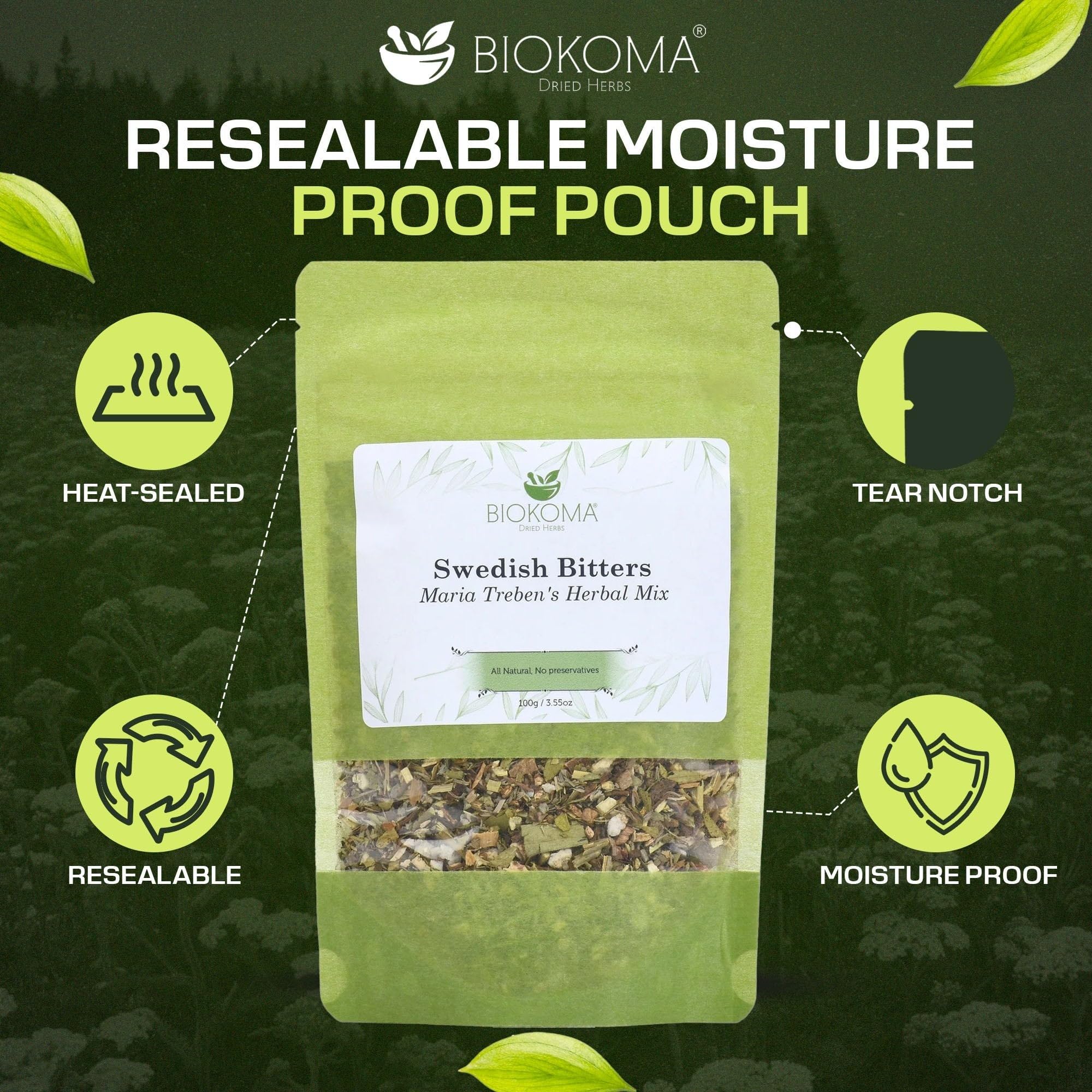 Biokoma Swedish Bitters resealable pouch emphasizing freshness and storage.