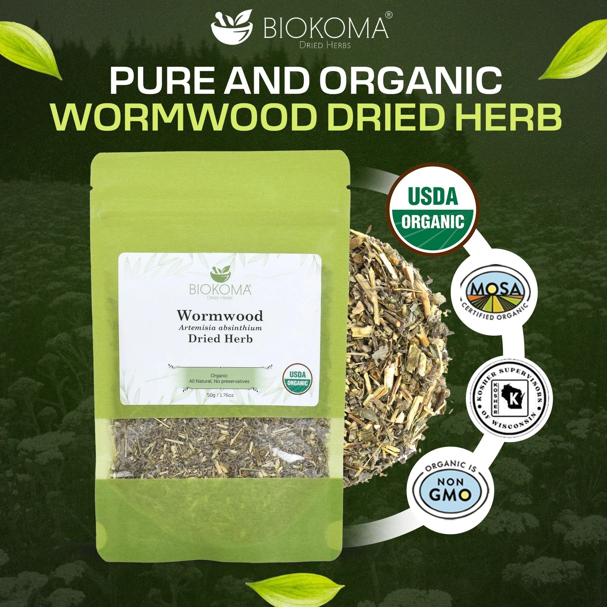 Biokoma Wormwood close-up highlights vibrant texture and single-ingredient purity