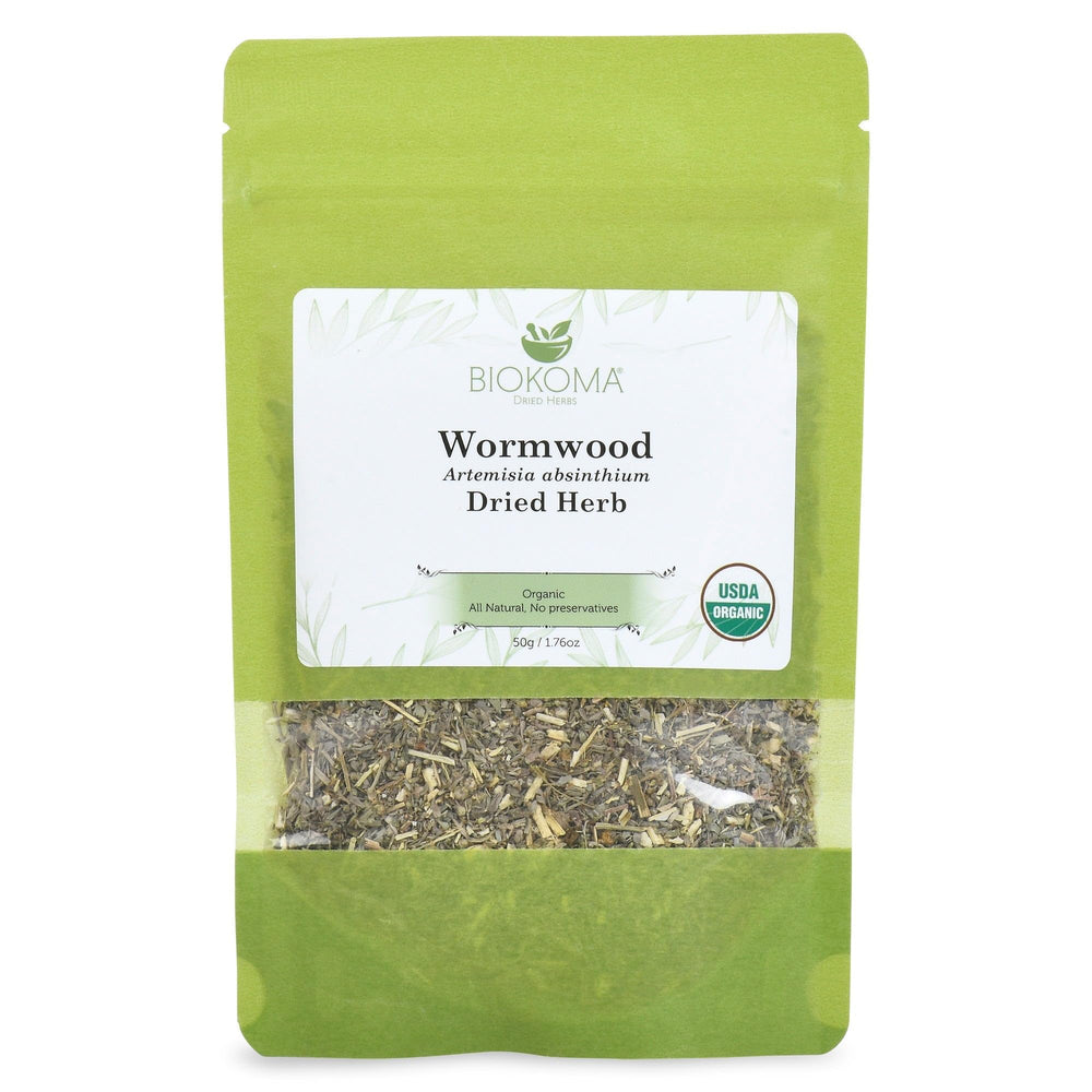 Biokoma Wormwood dried herb pouch shown for freshness and convenience in a resealable pouch