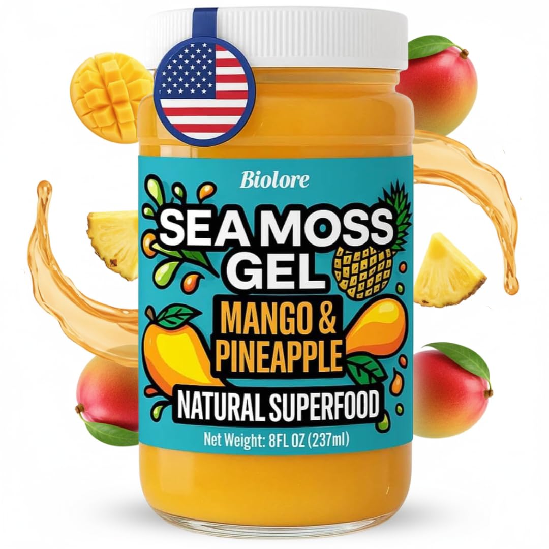 Biolore Sea Moss Gel Mango-Pineapple in a jar, nutrient-dense sea moss for daily vitality