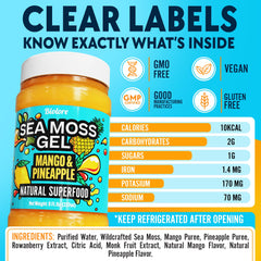 Biolore Sea Moss Gel Mango-Pineapple packaging highlights BPA-free, fridge-safe design and freshness