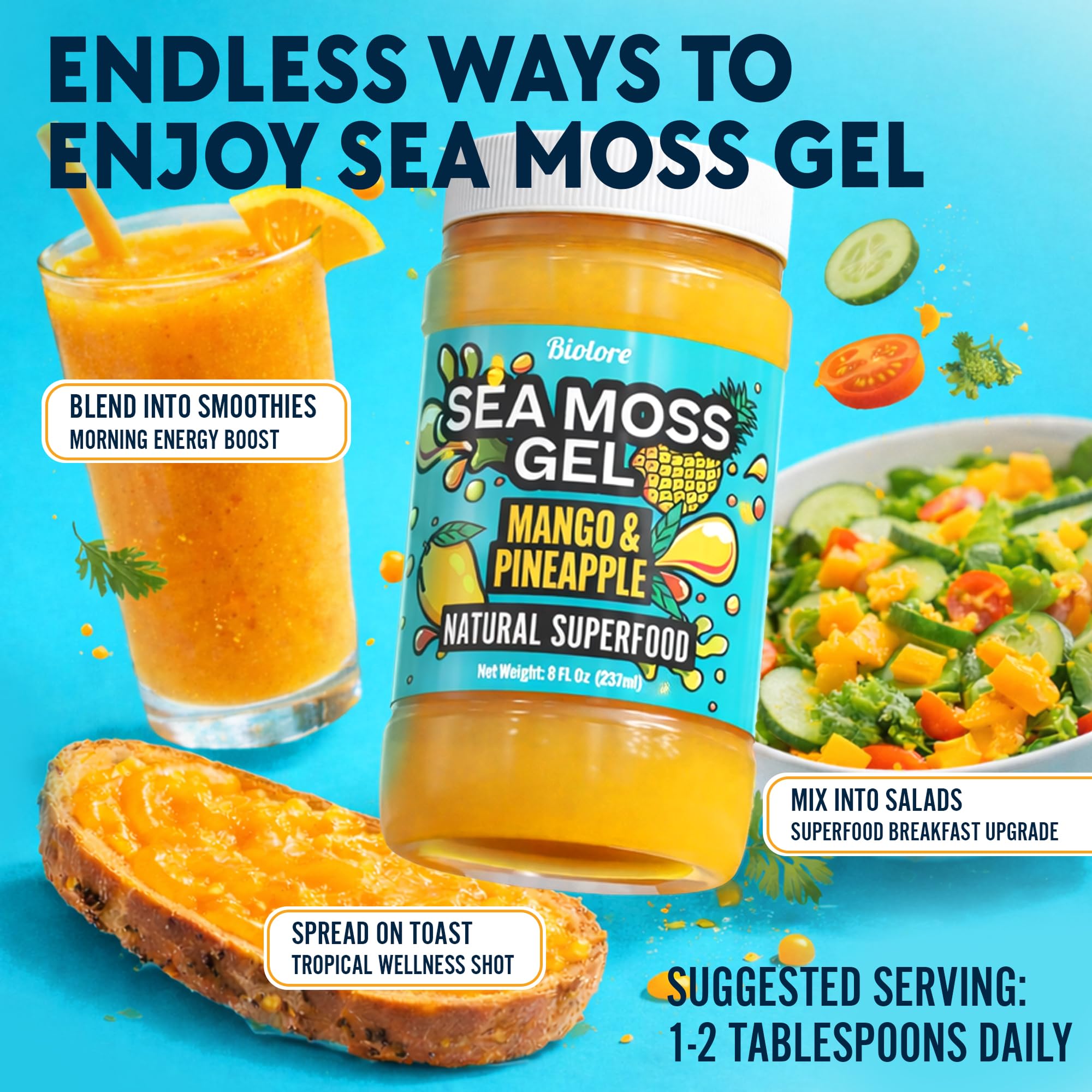 Biolore Sea Moss Gel Mango-Pineapple tips for everyday nutrition