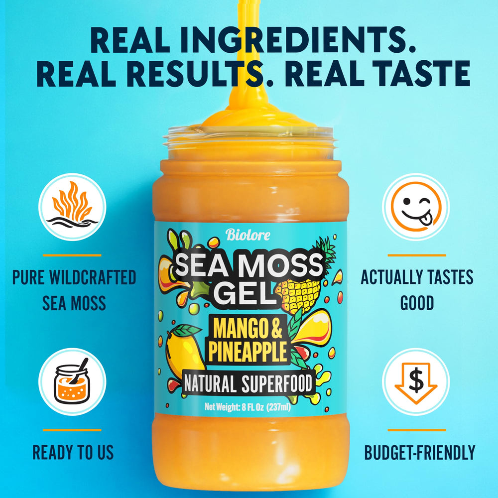 Biolore Sea Moss Gel Mango-Pineapple spread on toast with tropical fruit