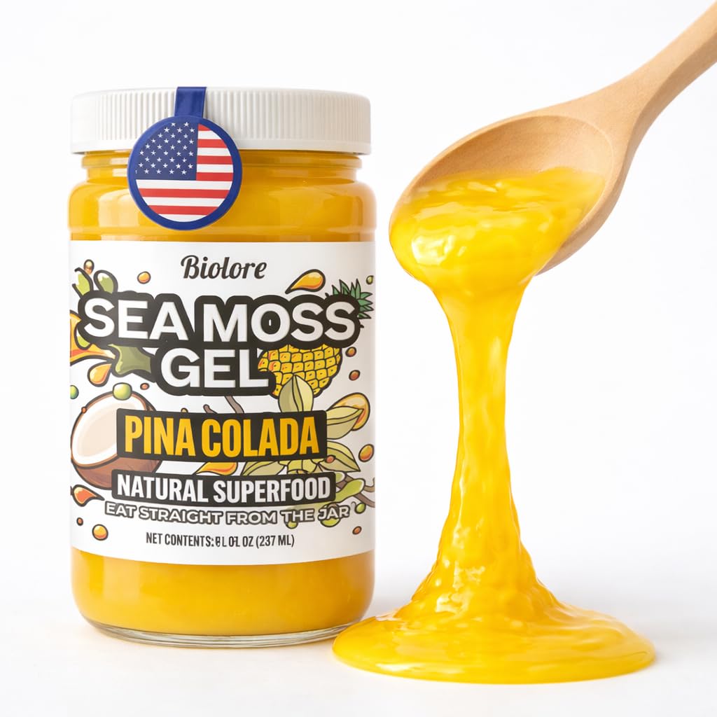 Biolore Sea Moss Gel Pina Colada 8oz jar on wood shelf for daily nutrition