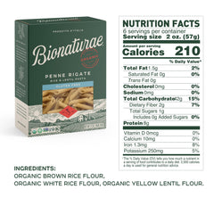 Bionaturae gluten-free pasta ingredients highlight rice and lentil blend for tasty meals.