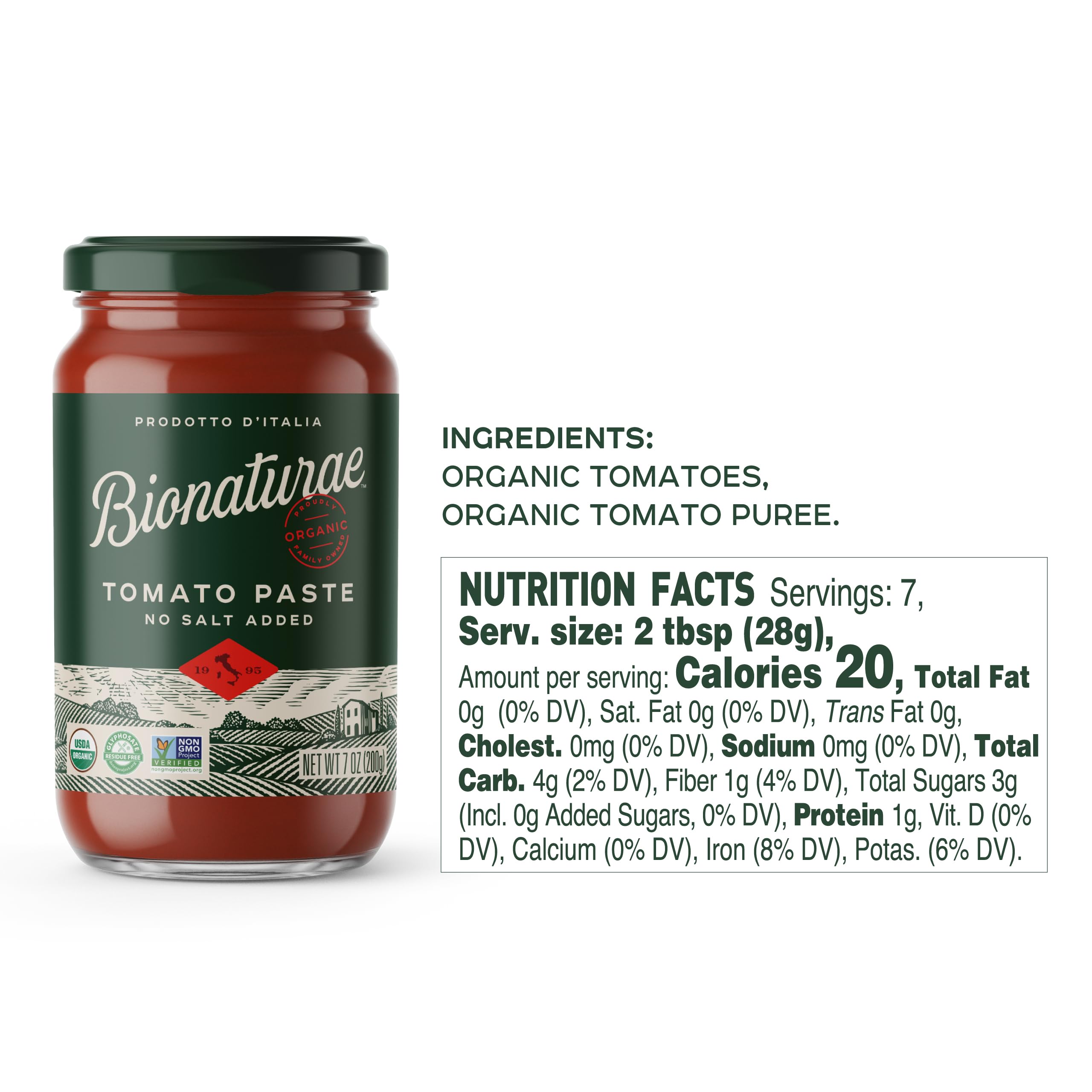 Bionaturae organic tomato paste glass jar emphasizes authentic Italian flavor for sauces