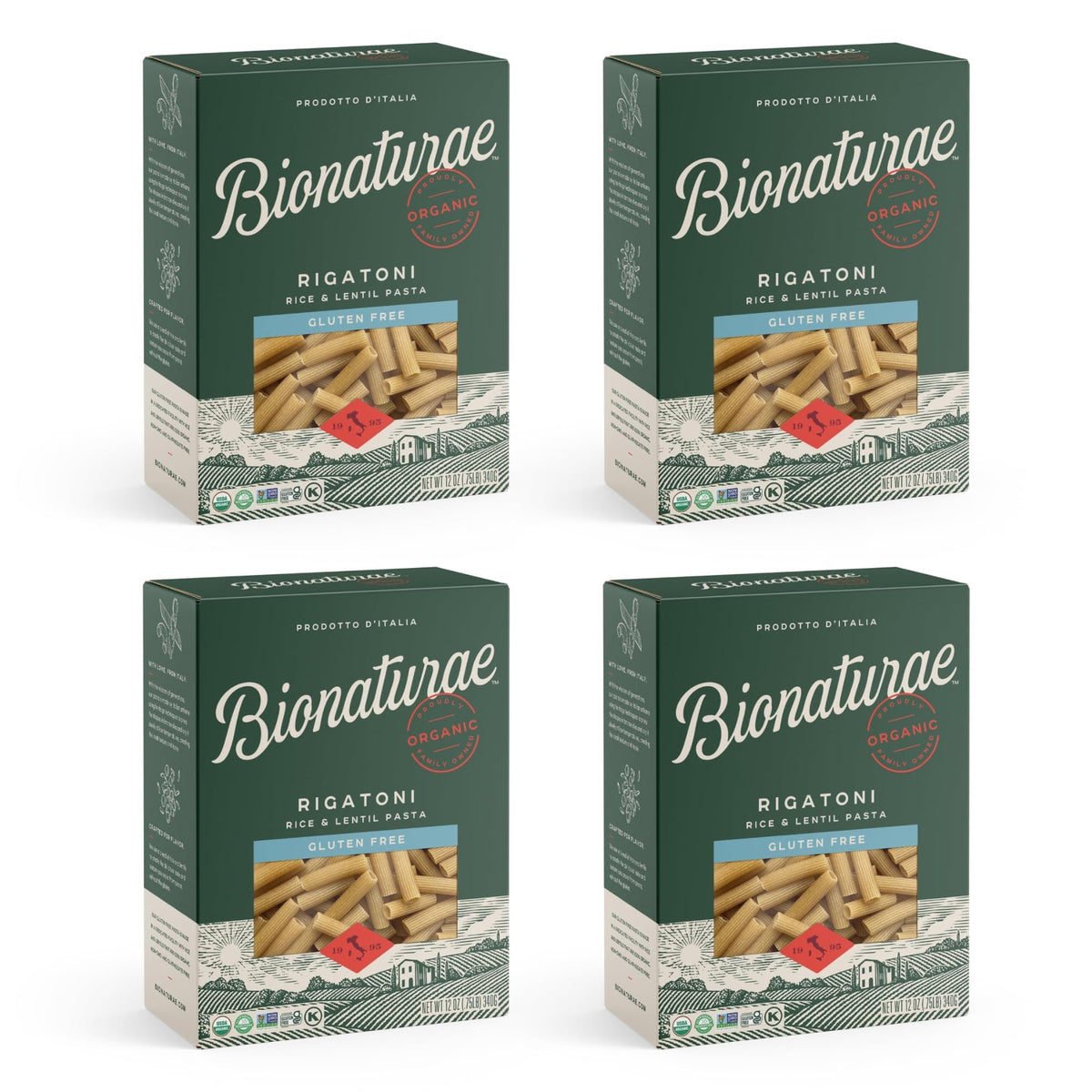 Bionaturae Rigatoni pasta packaging highlights organic gluten-free pasta