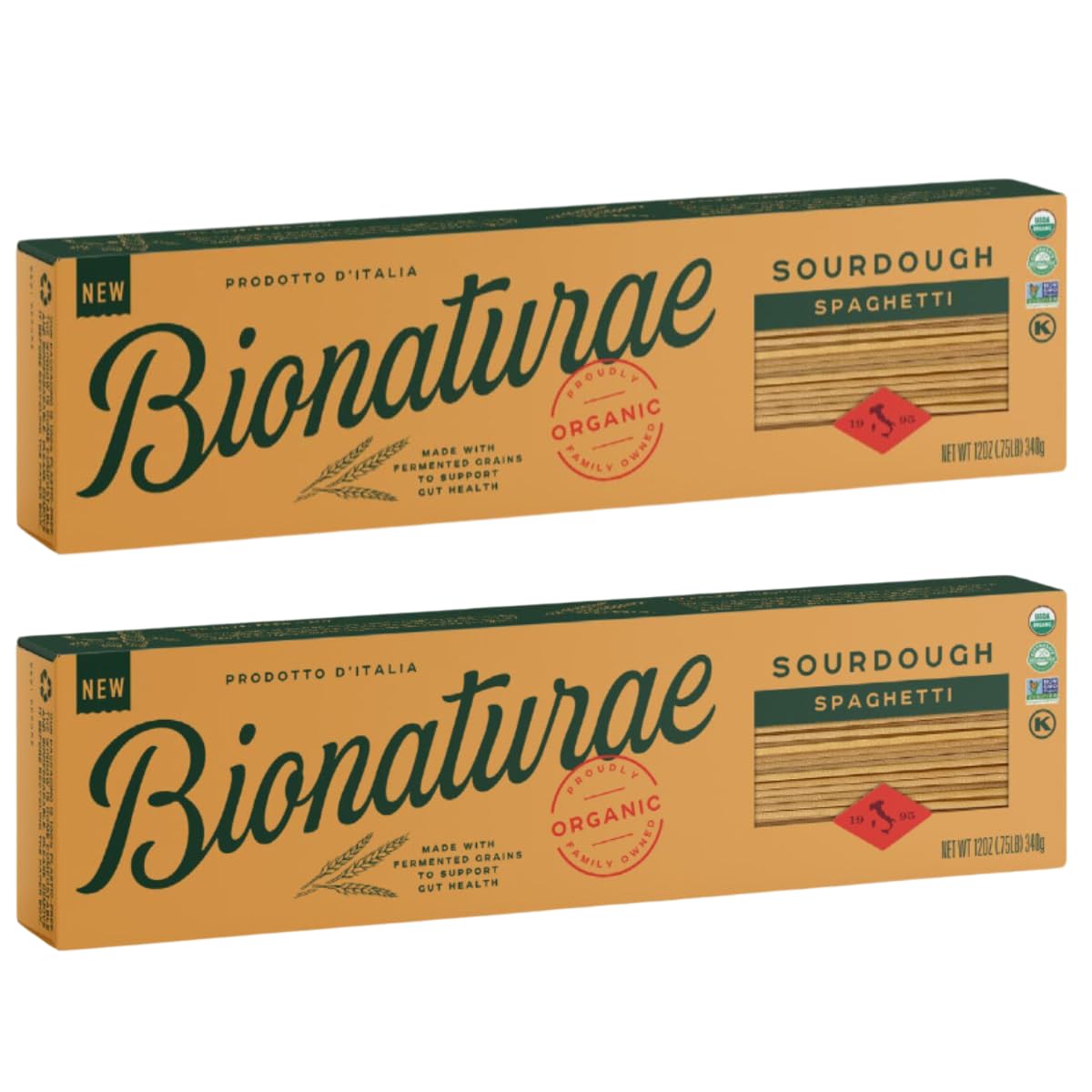 Bionaturae spaghetti packaging showcases premium organic pasta ideal for versatile sauces.