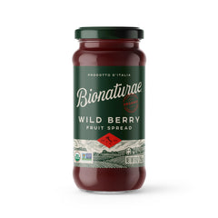 Bionaturae wild berry spread jar close-up highlighting natural ingredients and no added sugar.