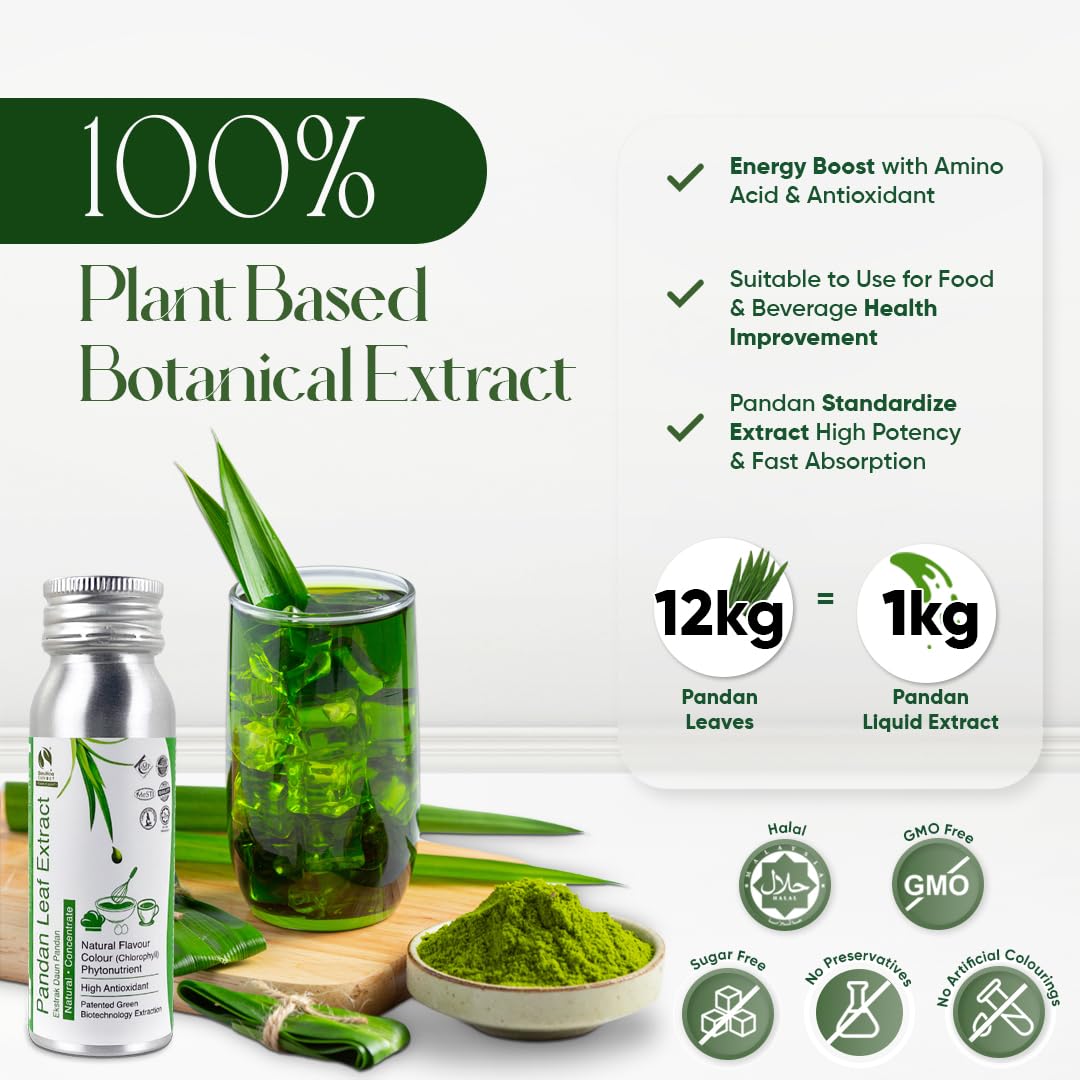 BIONUTRICIA EXTRACT Pandan leaves closeup, authentic leaves for natural flavor.