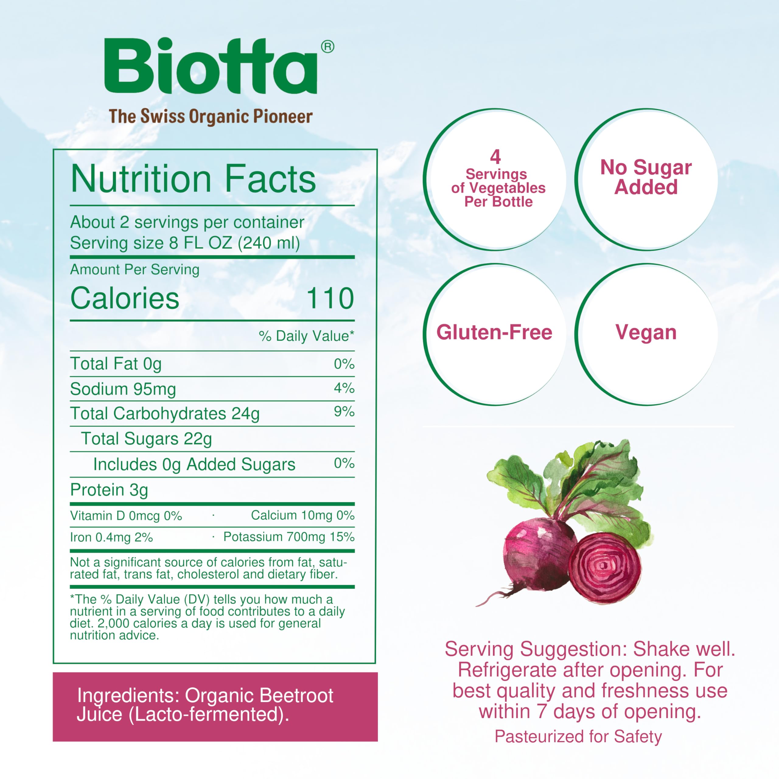 Biotta beet juice being poured into a glass for a fresh, energizing start