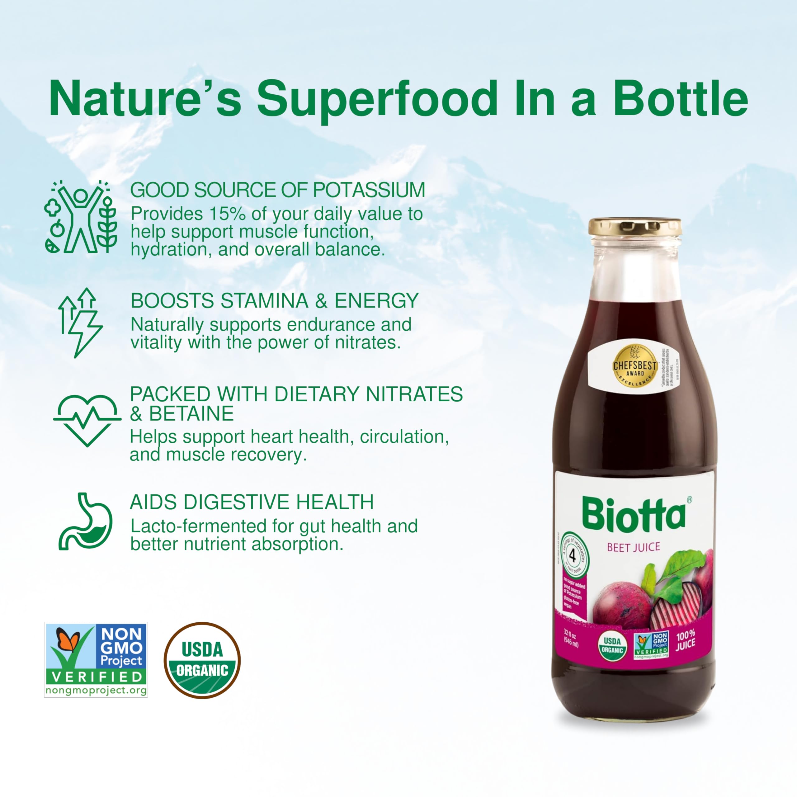 Close-up of Biotta label highlighting 100 percent juice and organic certification