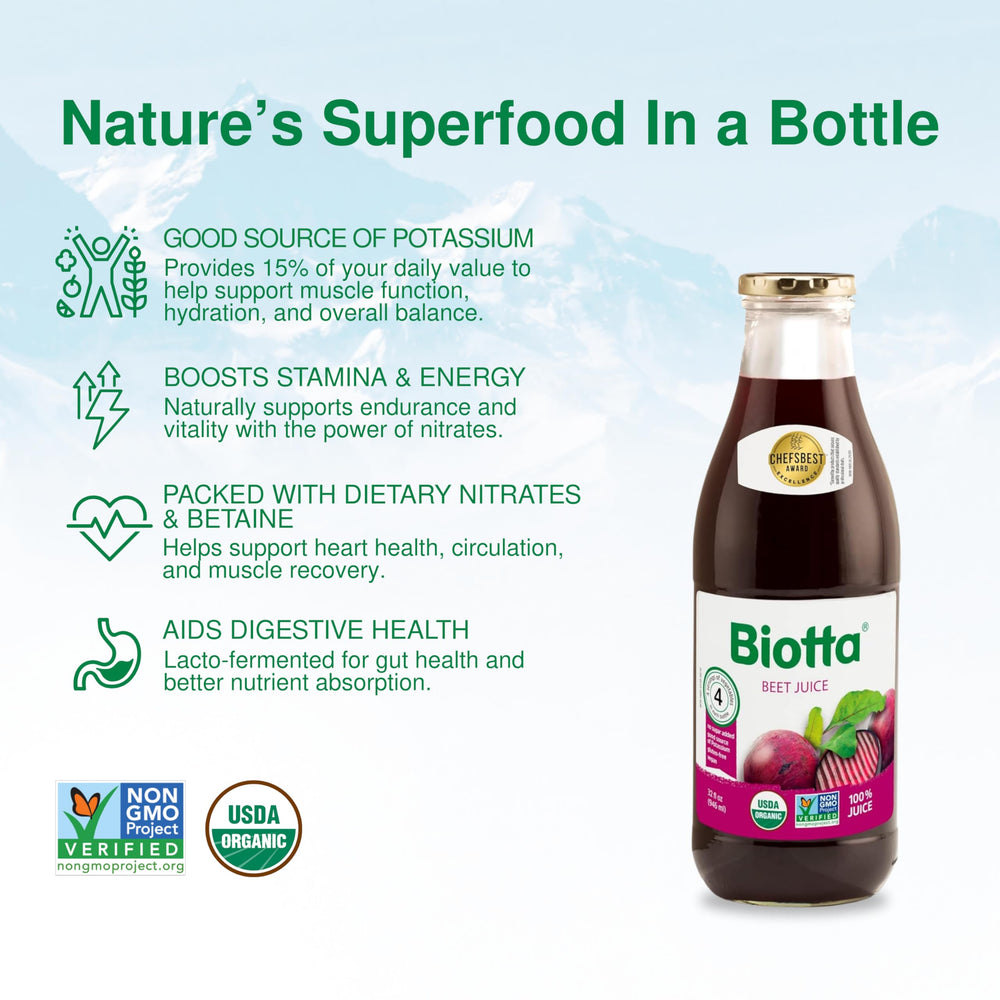 Close-up of Biotta label highlighting 100 percent juice and organic certification