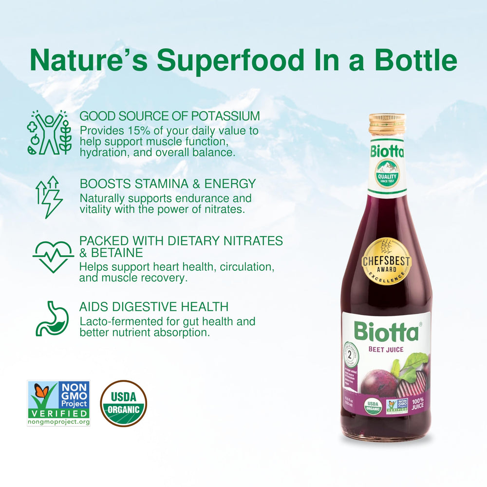 Biotta Beet Juice is poured into a glass, ideal for a morning pick-me-up.