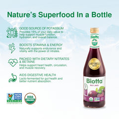 Biotta Beet Juice is poured into a glass, ideal for a morning pick-me-up.