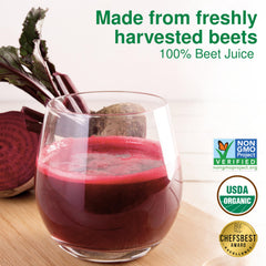 Biotta Organic Beet Juice label close-up highlights the 100% vegetable juice promise.