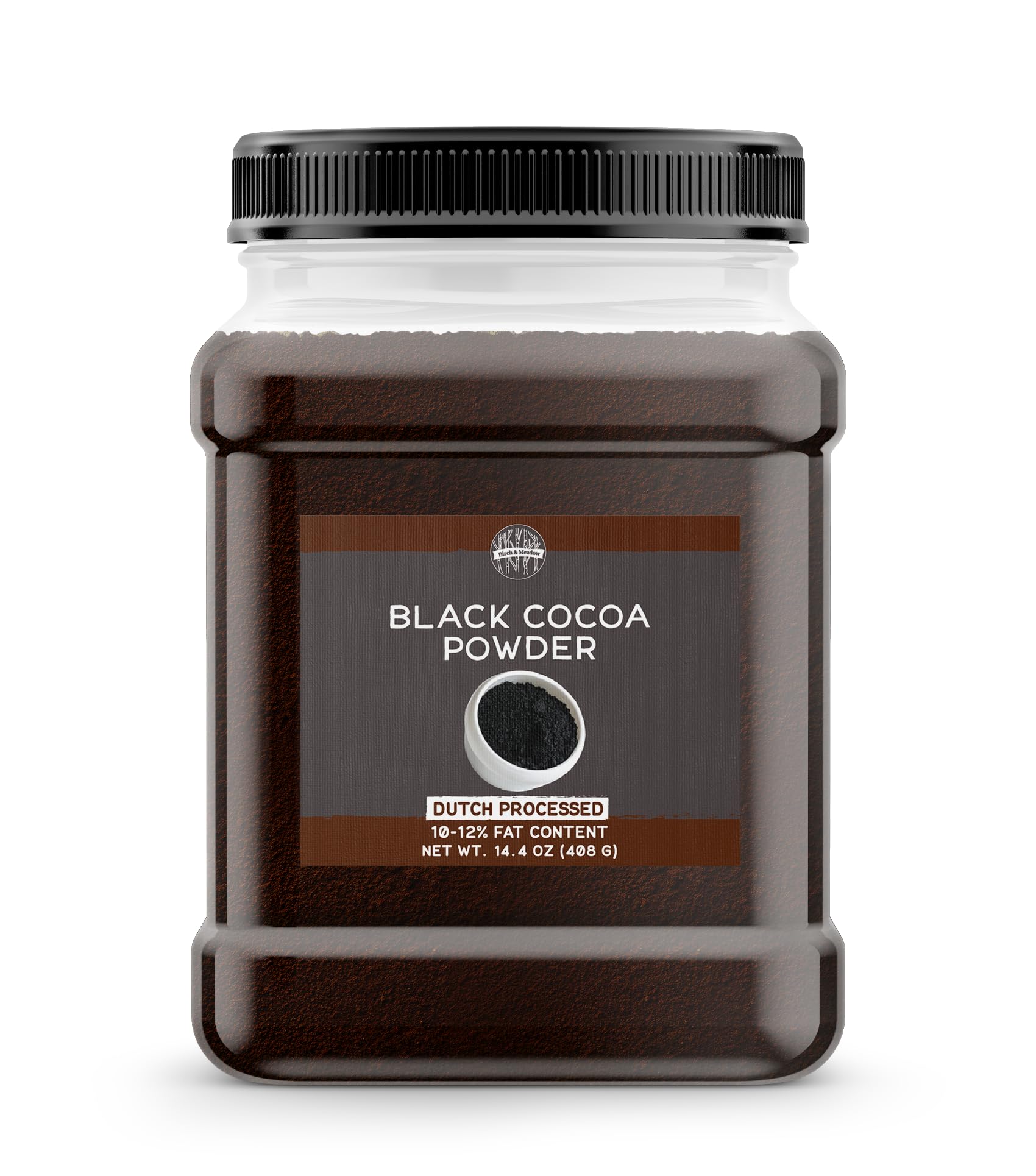 Birch and Meadow Black Cocoa Powder packaging shows premium unsweetened Dutch-processed cocoa.