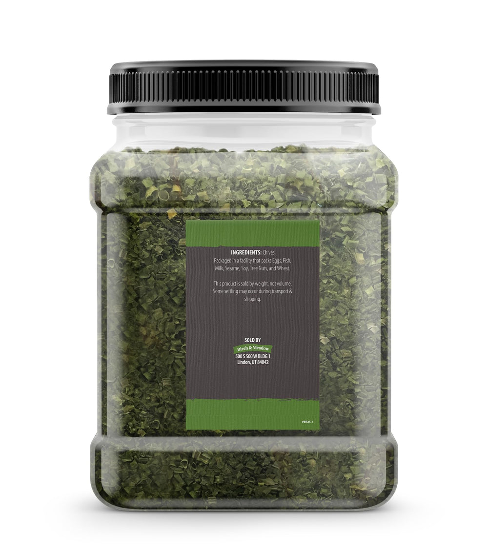 Birch & Meadow dried chives displayed on a kitchen counter with resealable packaging.