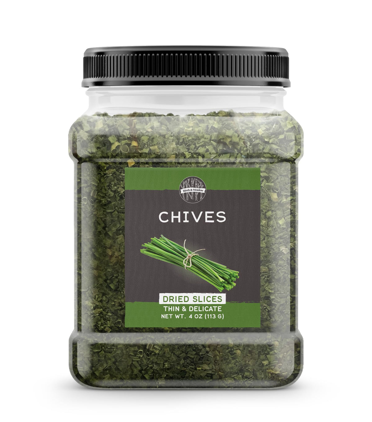 Birch & Meadow dried chives in a resealable container for easy pantry storage and fresh flavor.