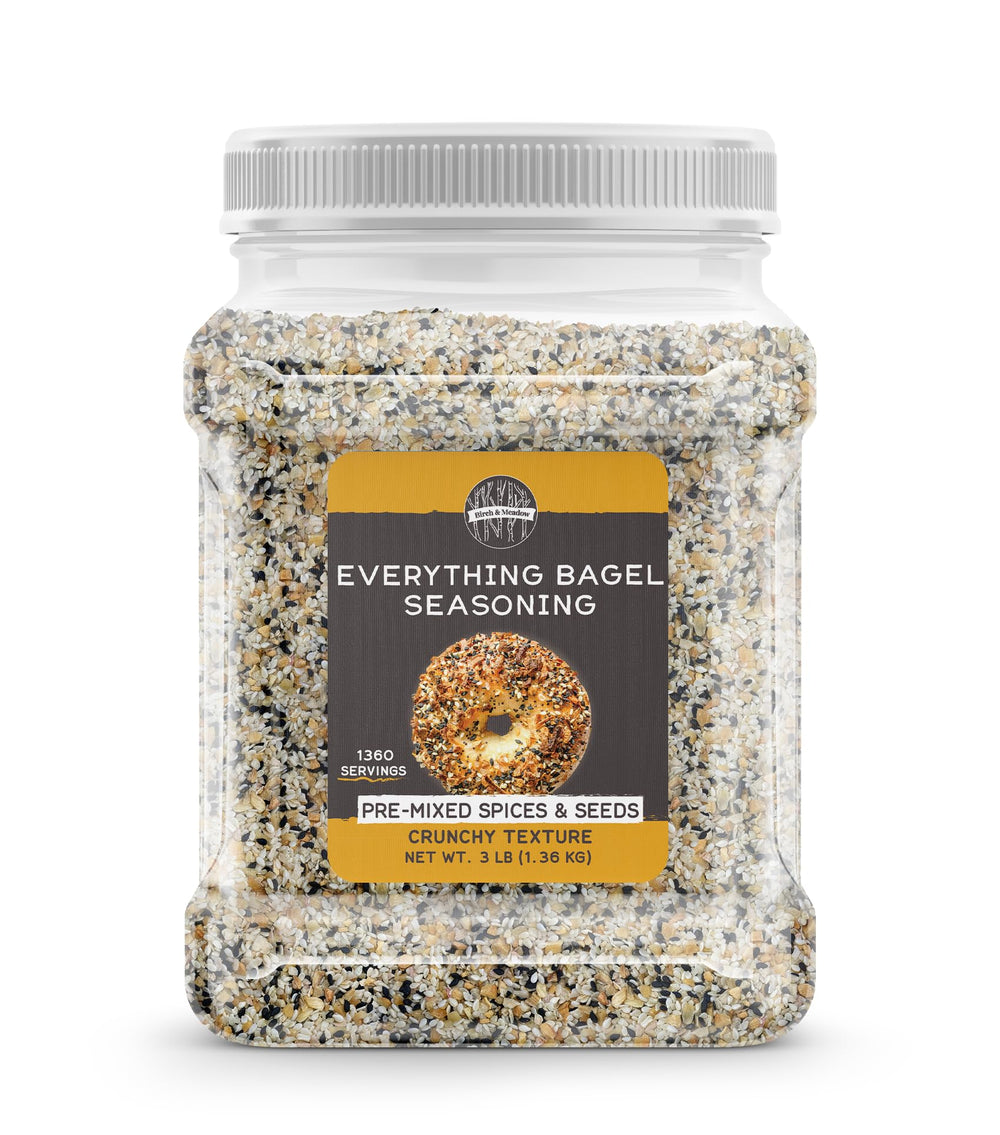 Birch & Meadow Everything Bagel Seasoning in a square jar for easy pantry storage