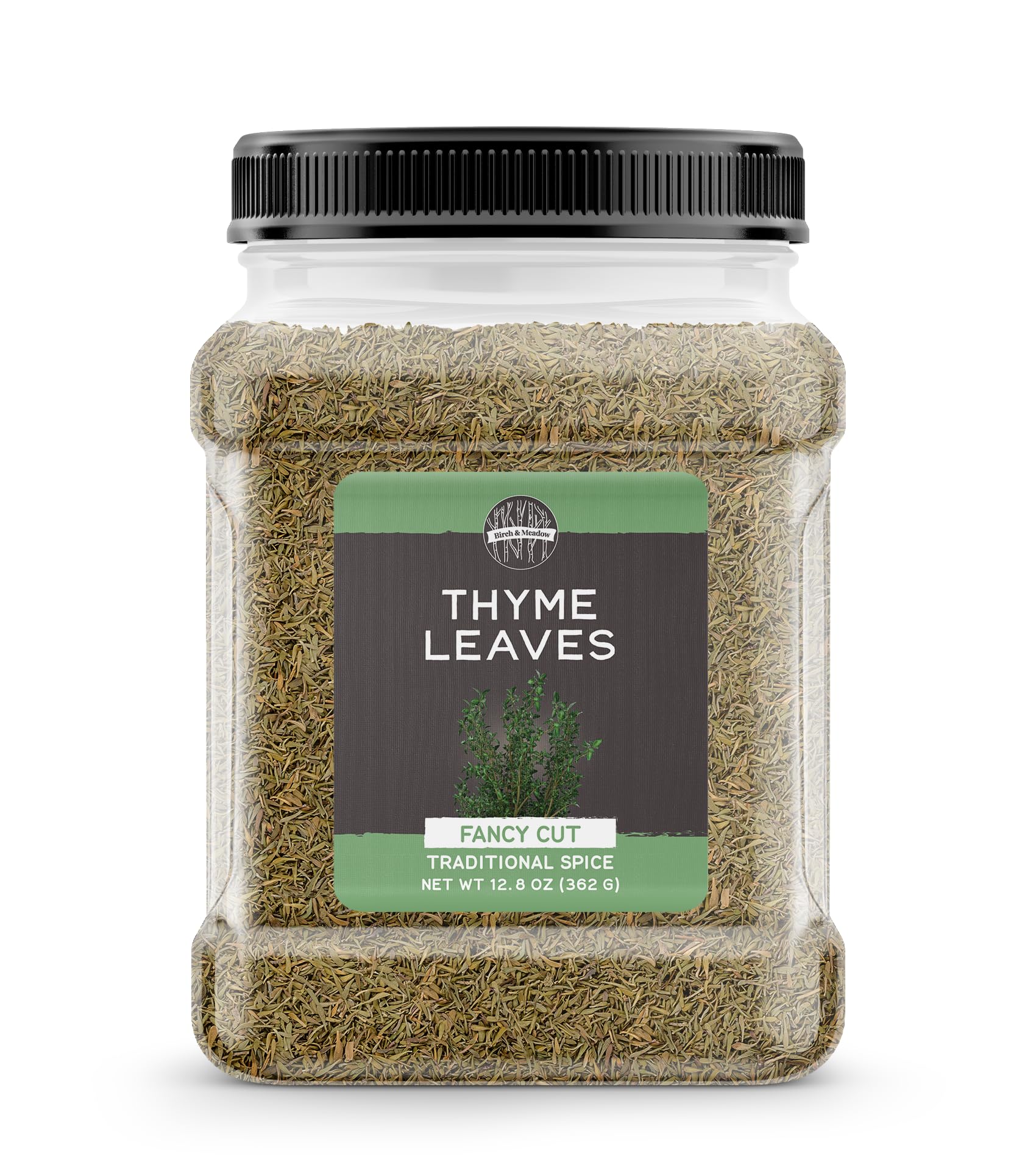 Birch & Meadow Thyme Leaves close-up in a jar, elevating soups and pastas with aroma.