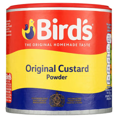 Bird's Custard Powder tin on the counter ready for quick, classic dessert bases.