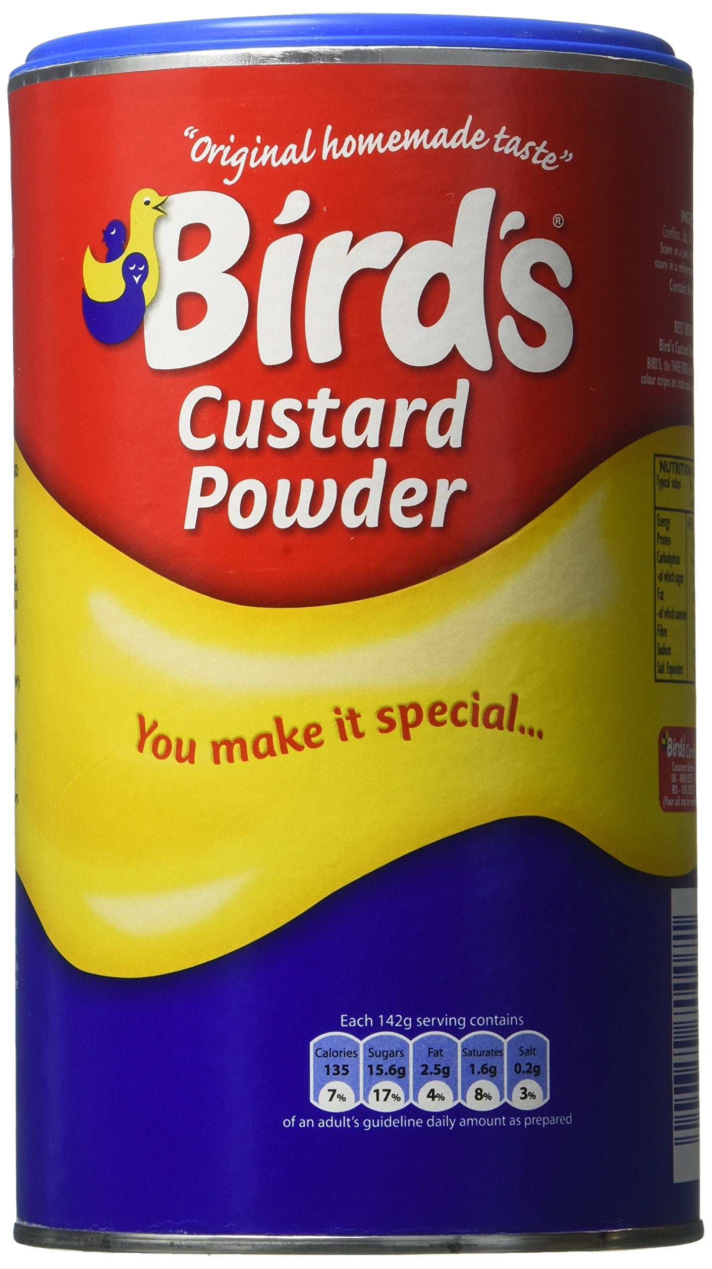 Bird's vanilla custard powder two-pack tins ready for quick desserts.