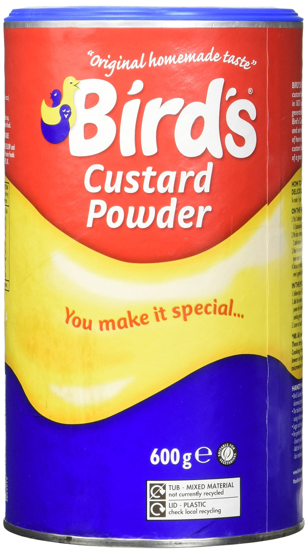 Bird's Vanilla Custard Powder pack with resealable lid for convenient storage