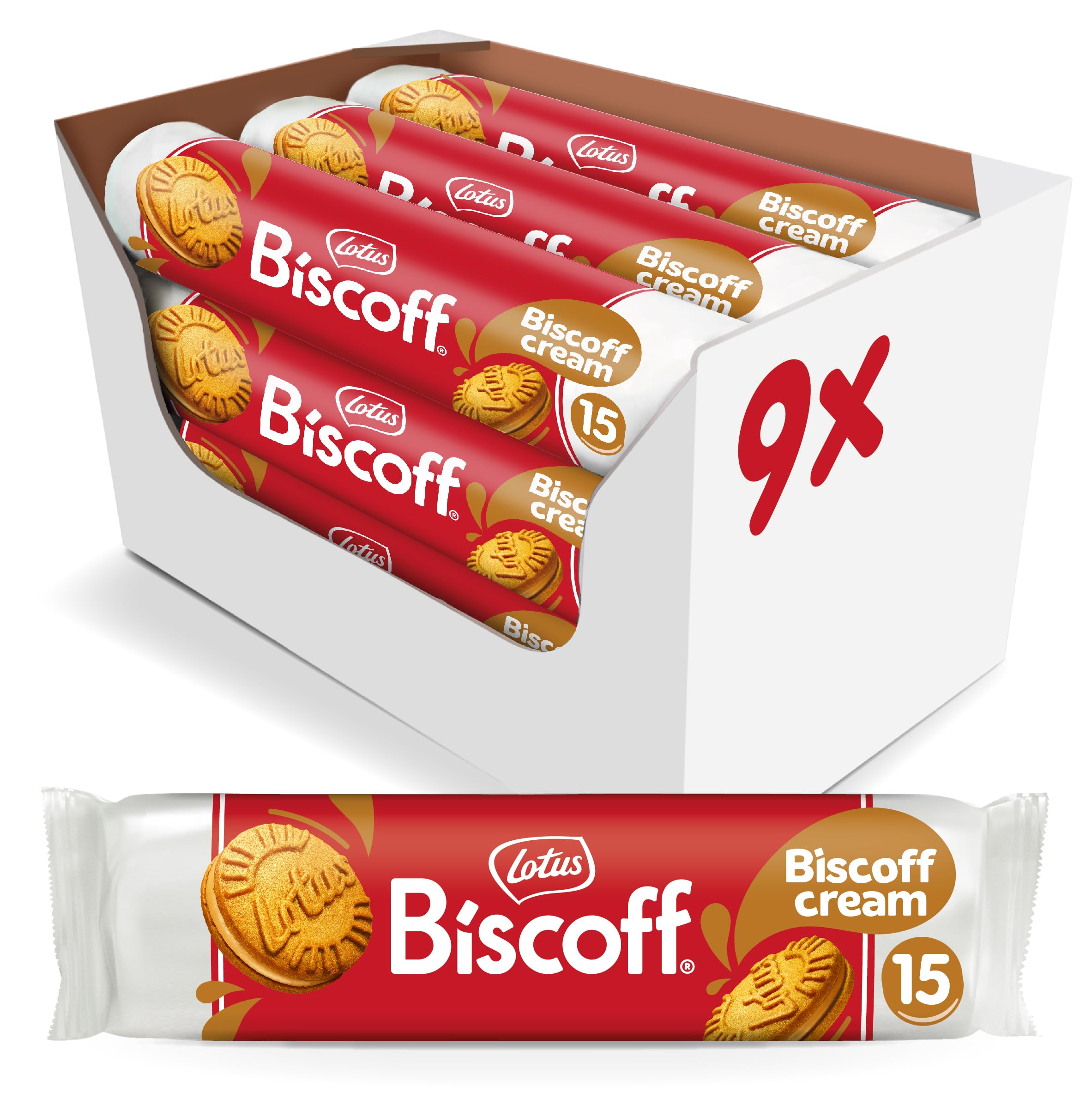 Lotus Biscoff sandwich cookies pack shown for convenient nine-pack sharing