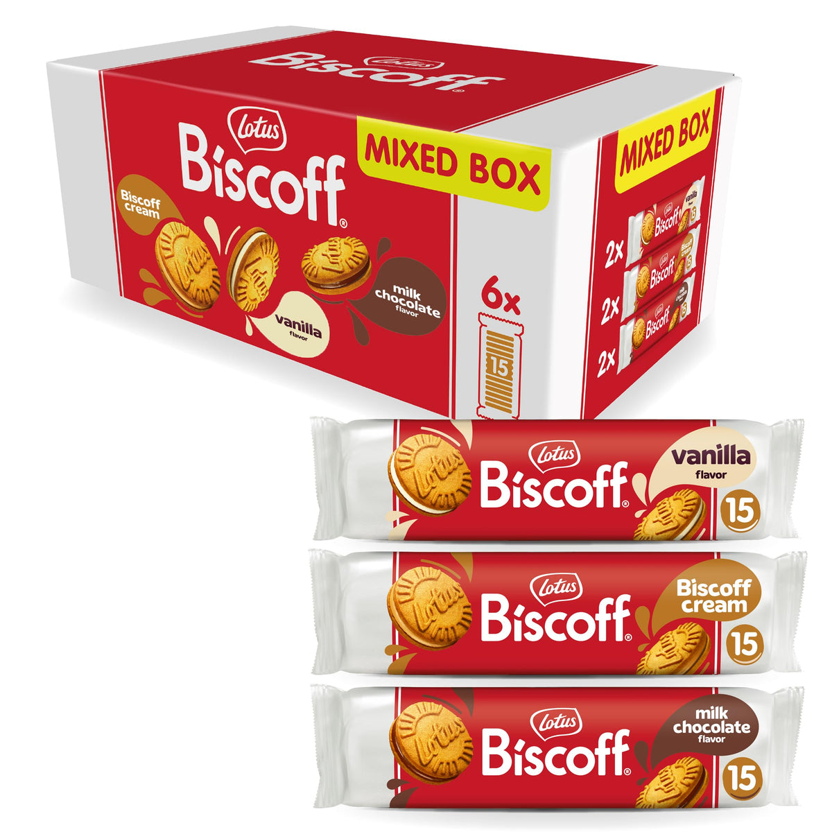 Lotus Biscoff sandwich cookies variety pack front view, ideal for sharing.