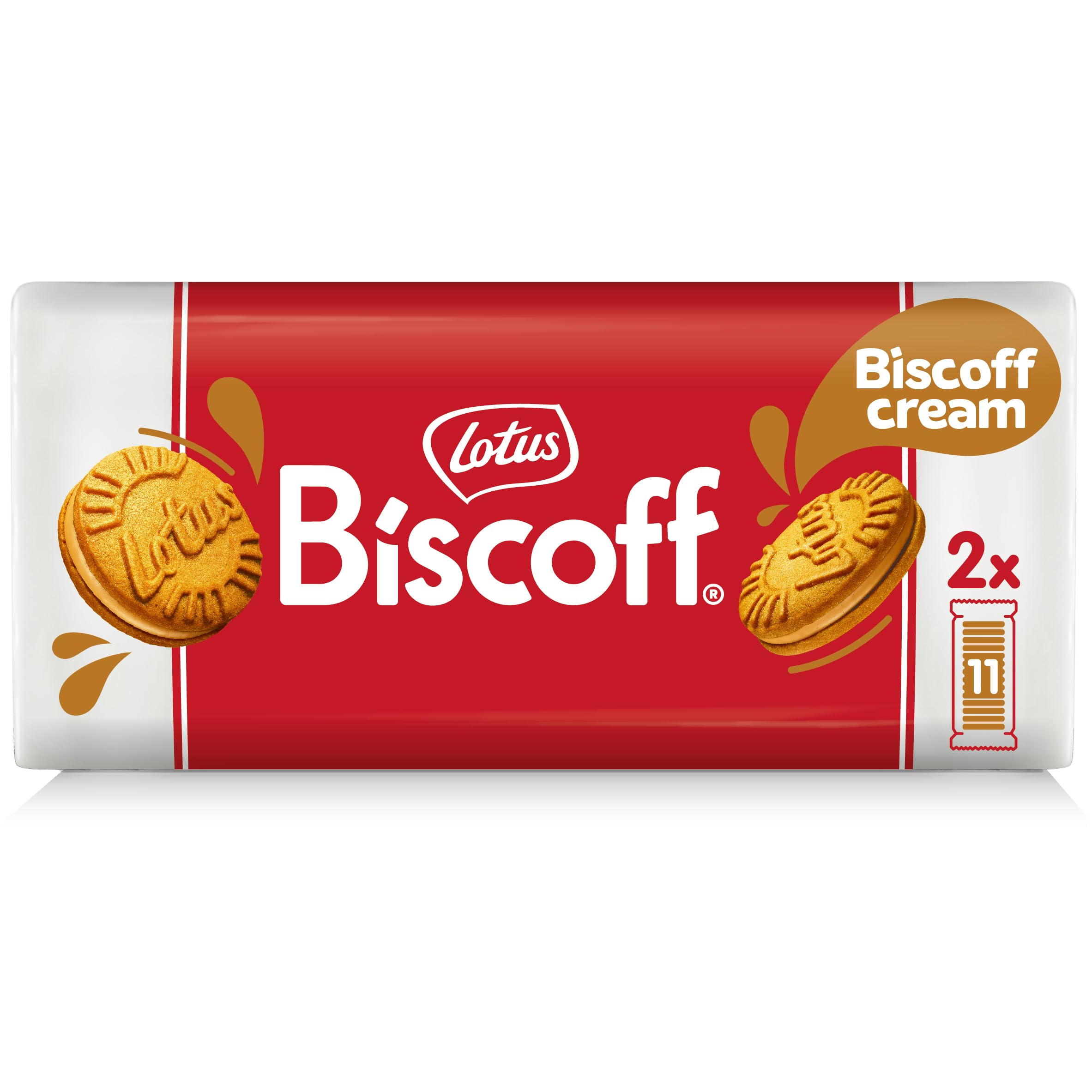 Lotus Biscoff sandwich cookies pack front, ideal for sharing.
