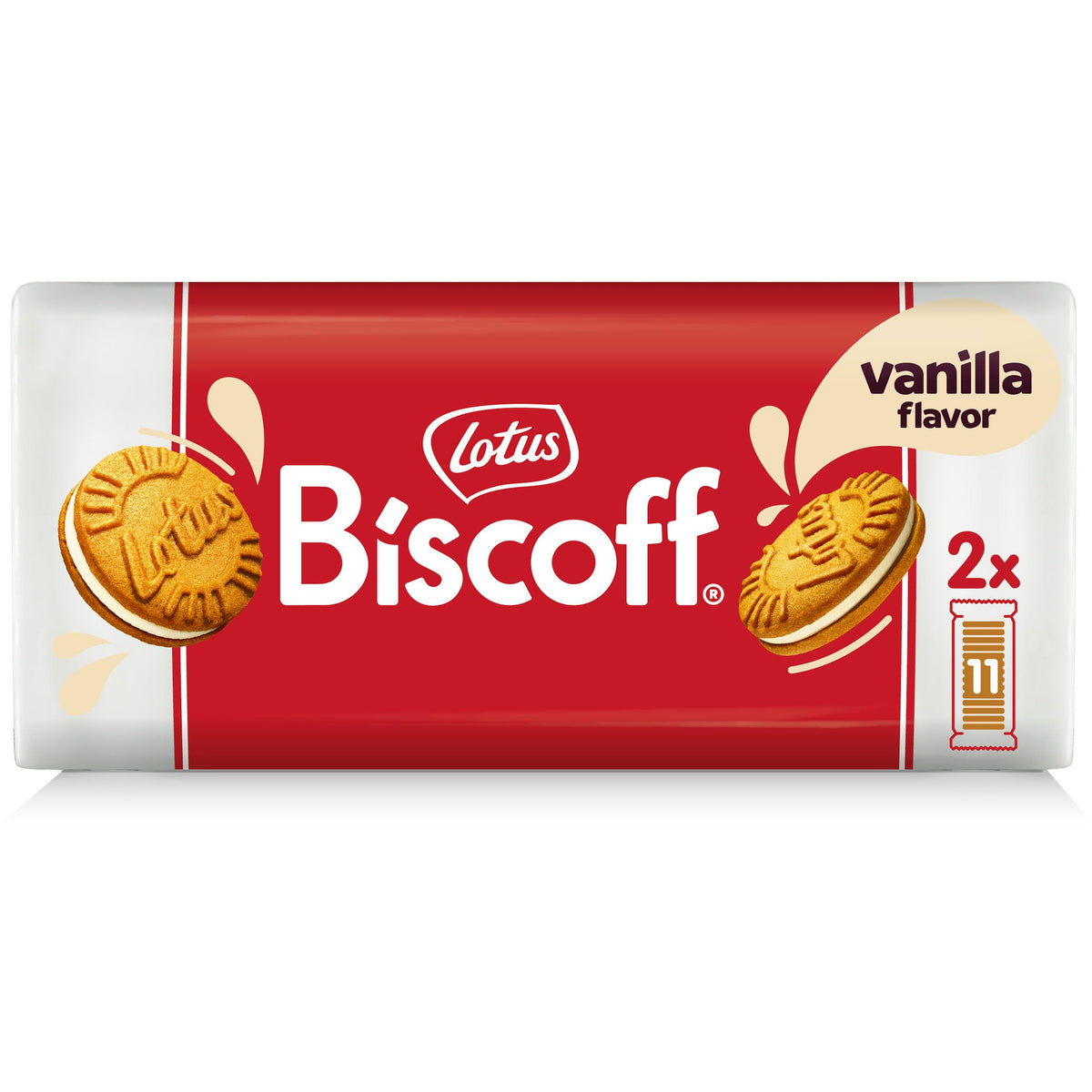 Biscoff vanilla sandwich cookies closeup, ideal for sharing with friends