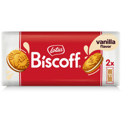 Biscoff vanilla sandwich cookies closeup, ideal for sharing with friends