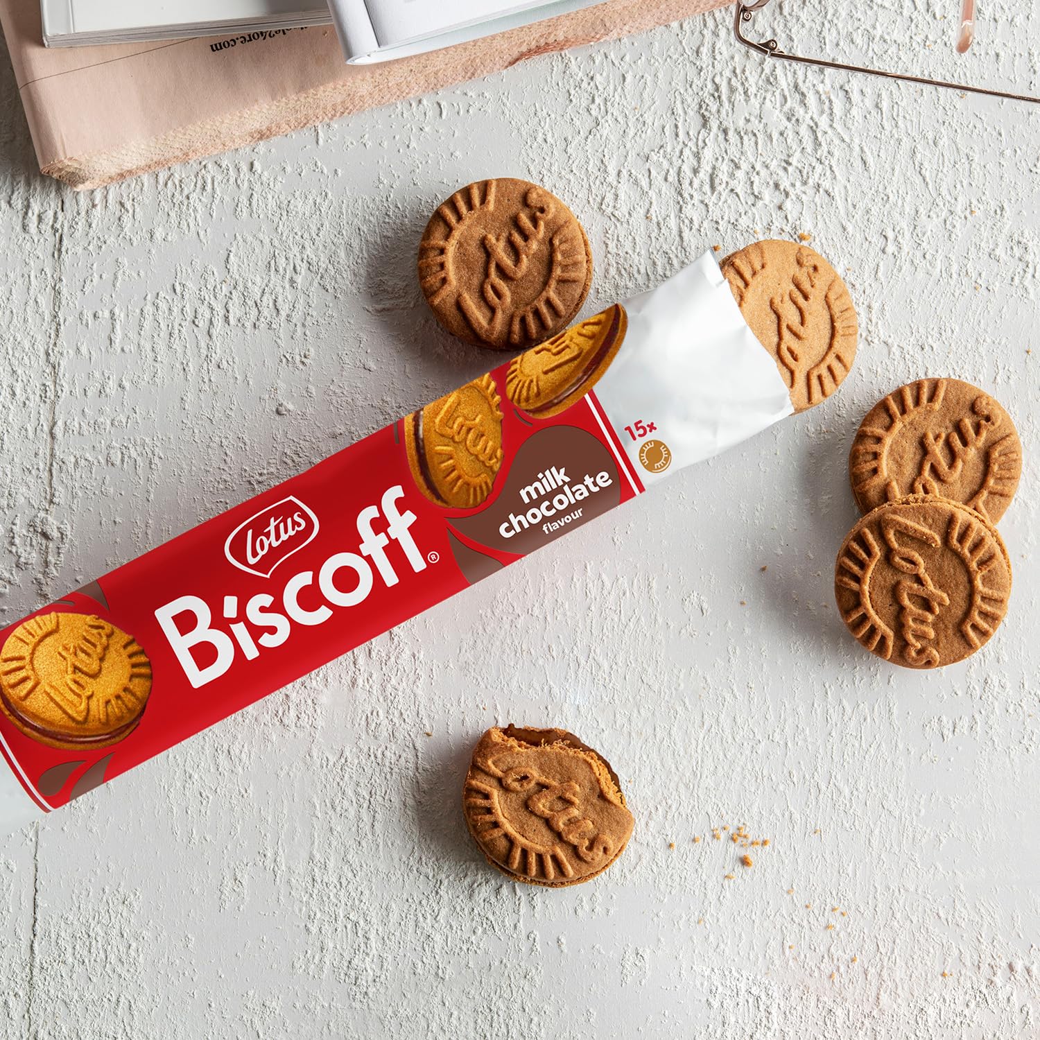 Vegan-friendly Biscoff cookies with natural flavors for snacking.
