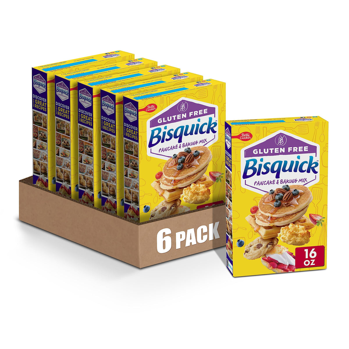 Bisquick gluten-free pancakes stack ready to serve with syrup for a hearty breakfast.