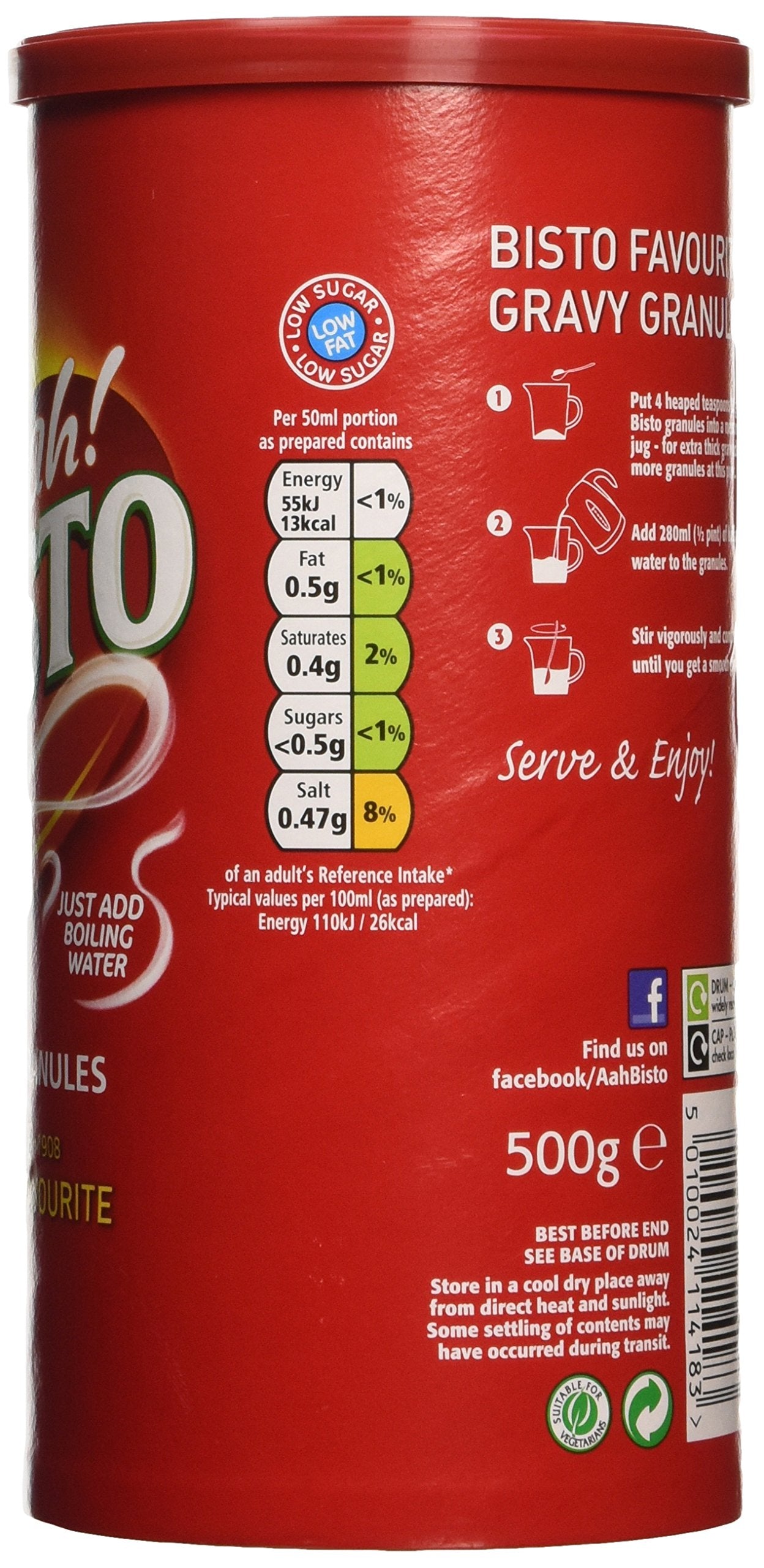 Bisto Beef Gravy Granules resealable tub keeps freshness for everyday meals.