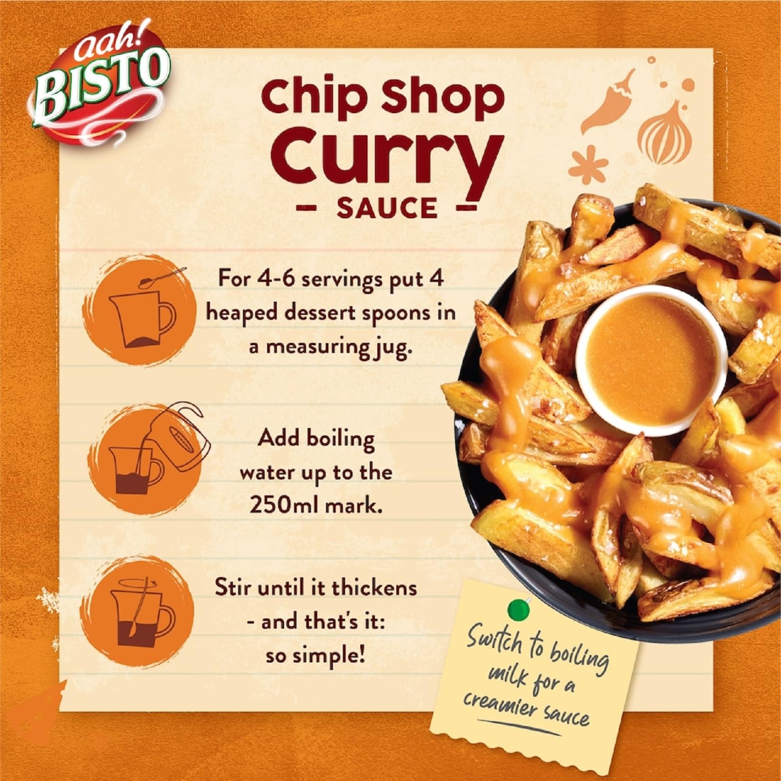 Bisto Chip Shop Curry Sauce poured over chips for a nostalgia-inducing finish
