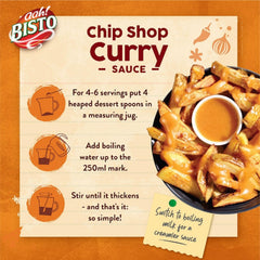 Bisto Chip Shop Curry Sauce poured over chips for a nostalgia-inducing finish