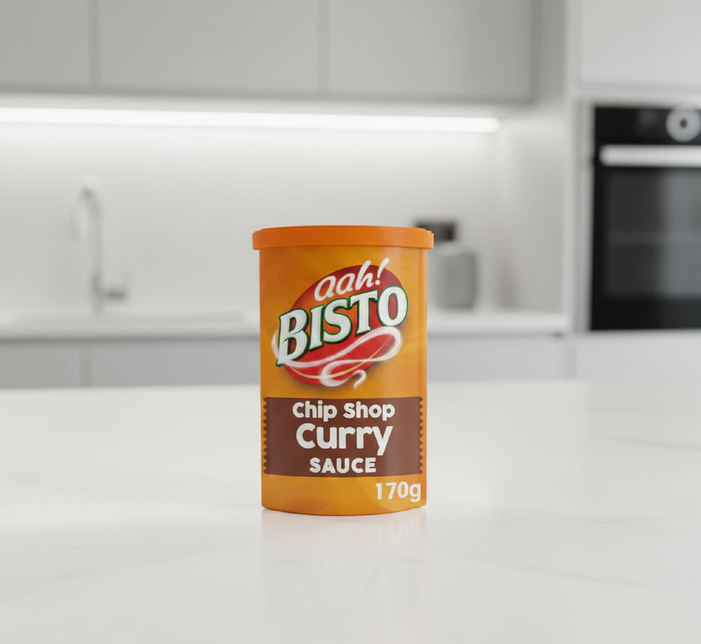Bisto Chip Shop Curry Sauce with pies for savory, comforting plates
