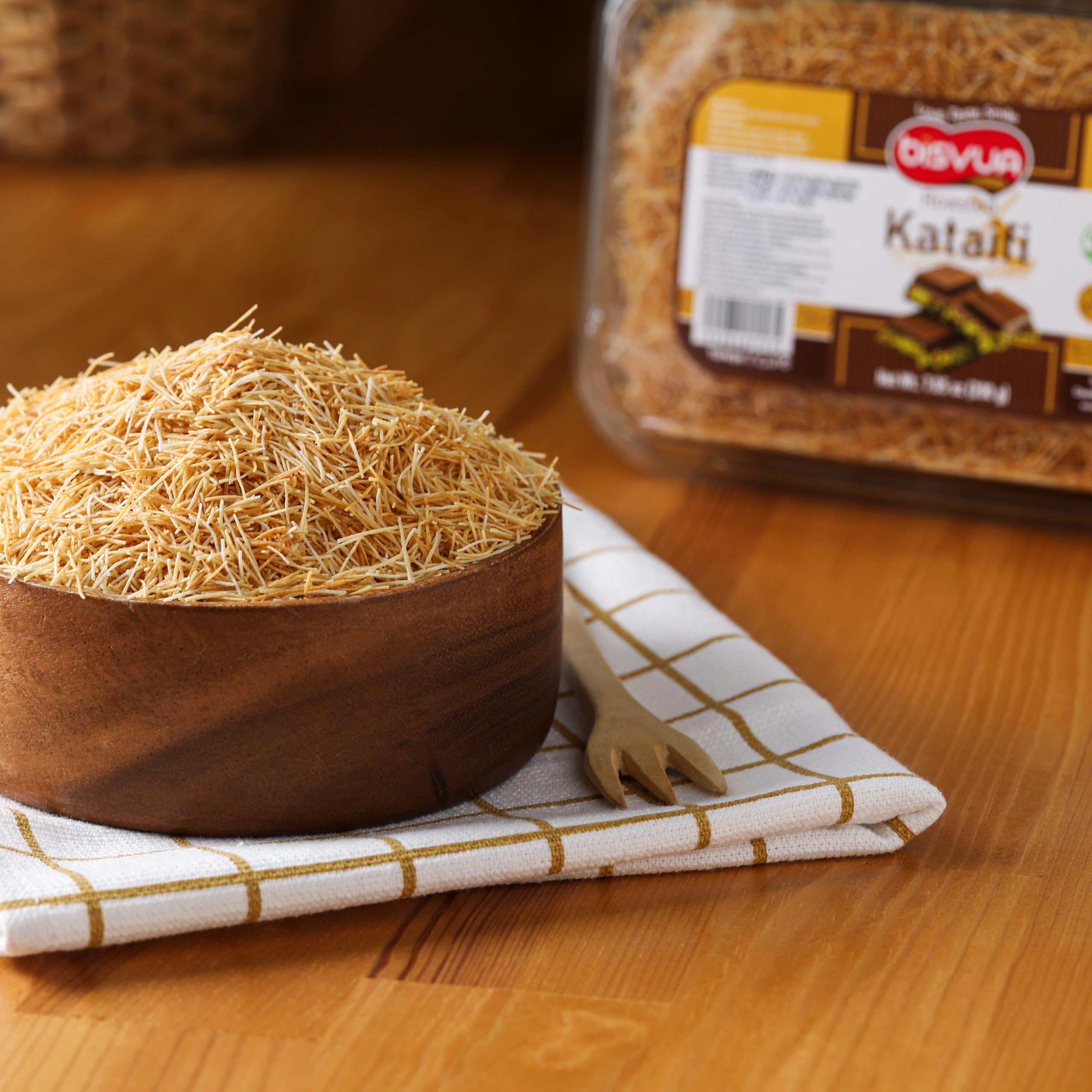 Bisvua kataifi dry filo packaging keeps dough shelf-stable.