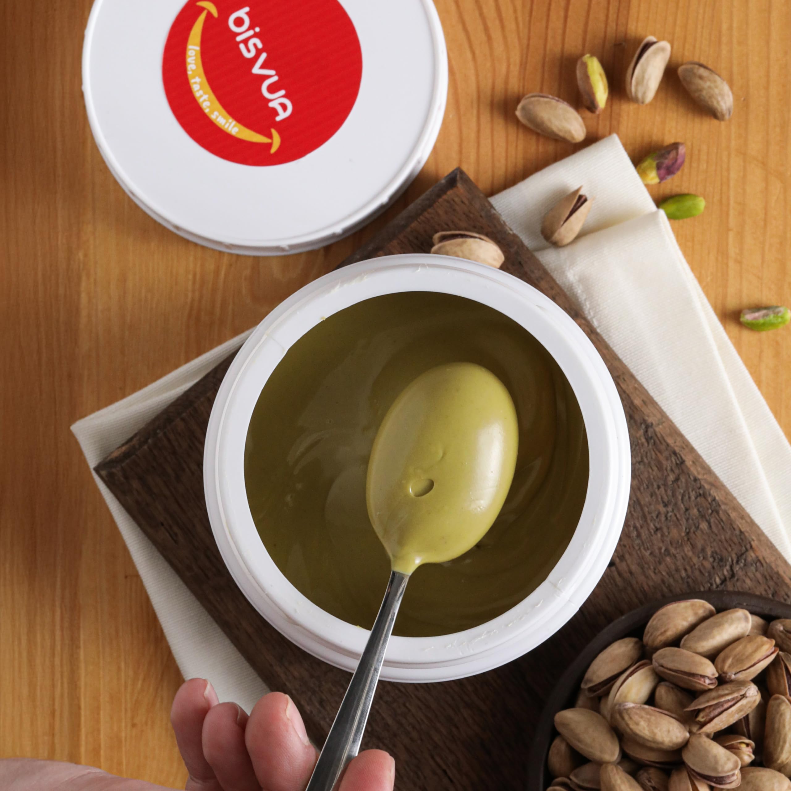 Bisvua pistachio sauce as decadent glaze for desserts.