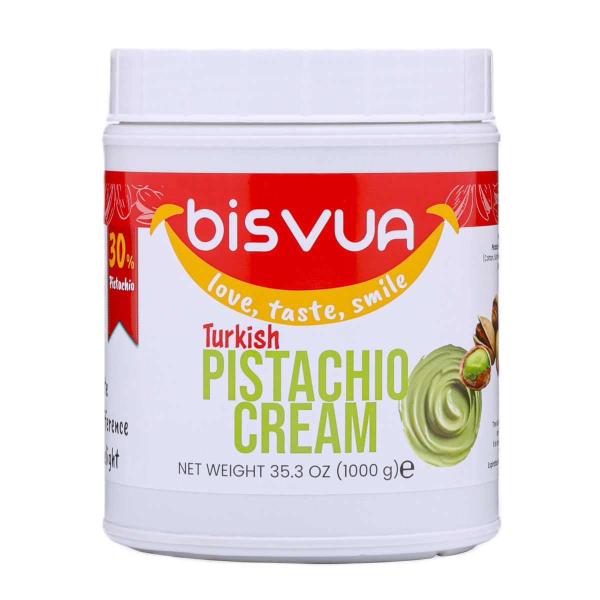 Bisvua premium pistachio cream jar with silky texture for desserts.