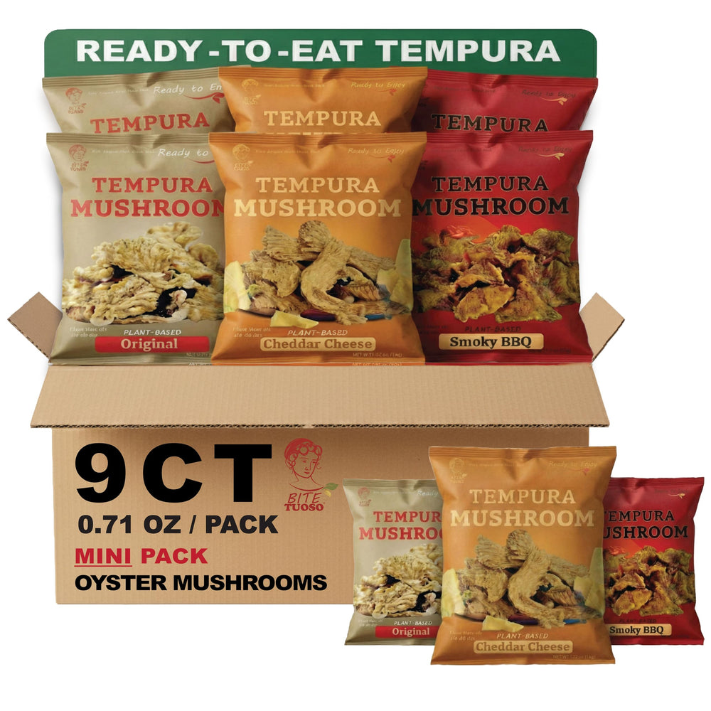 Bitetuoso Tempura Oyster Mushrooms Mini Pack packaging close-up, ready-to-serve party snack.