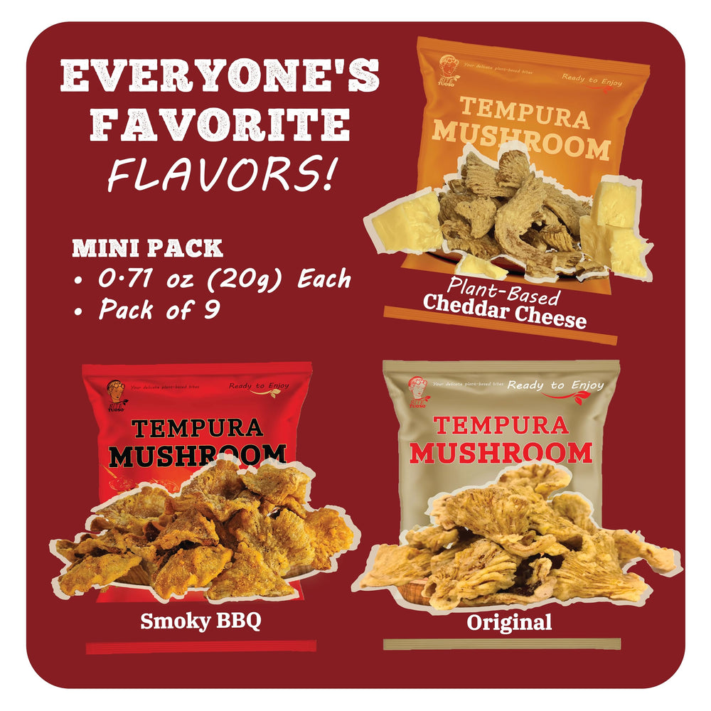 Bitetuoso Tempura Oyster Mushrooms ready-to-eat snack setup, easy entertaining option.