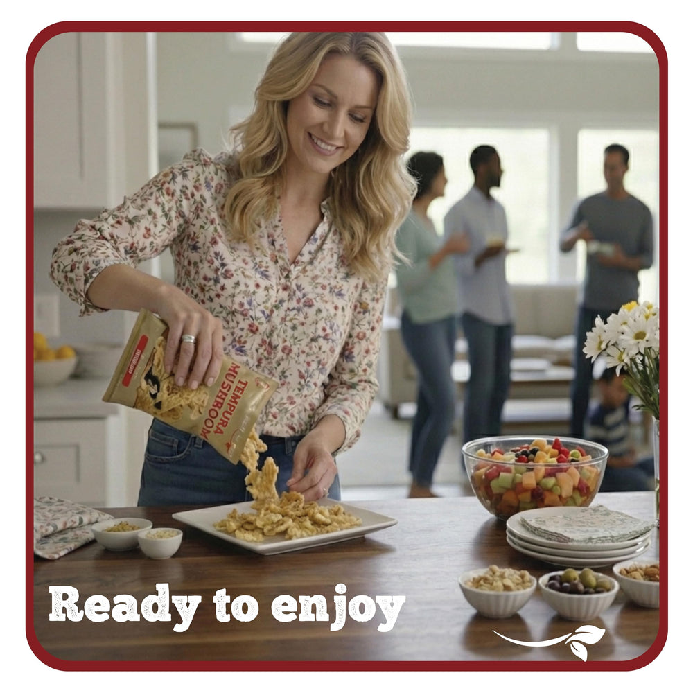 Bitetuoso Tempura Oyster Mushrooms vegan non-GMO badge visible, clean ingredient appeal.