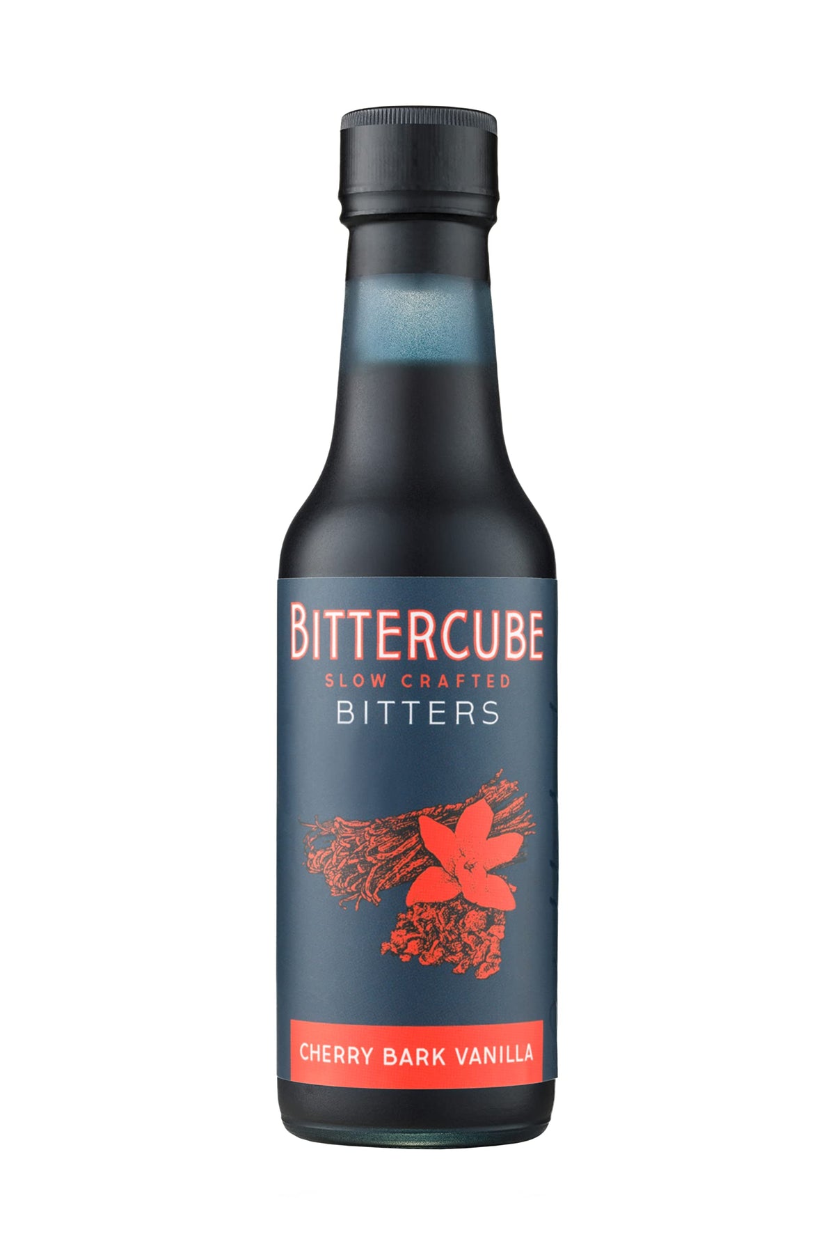 Bittercube Cherry Bark Vanilla bottle close-up, highlighting a complex aroma for cocktails.