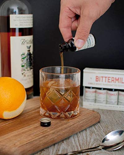 Bittermilk No.1 old fashioned kit on a compact bar cart.
