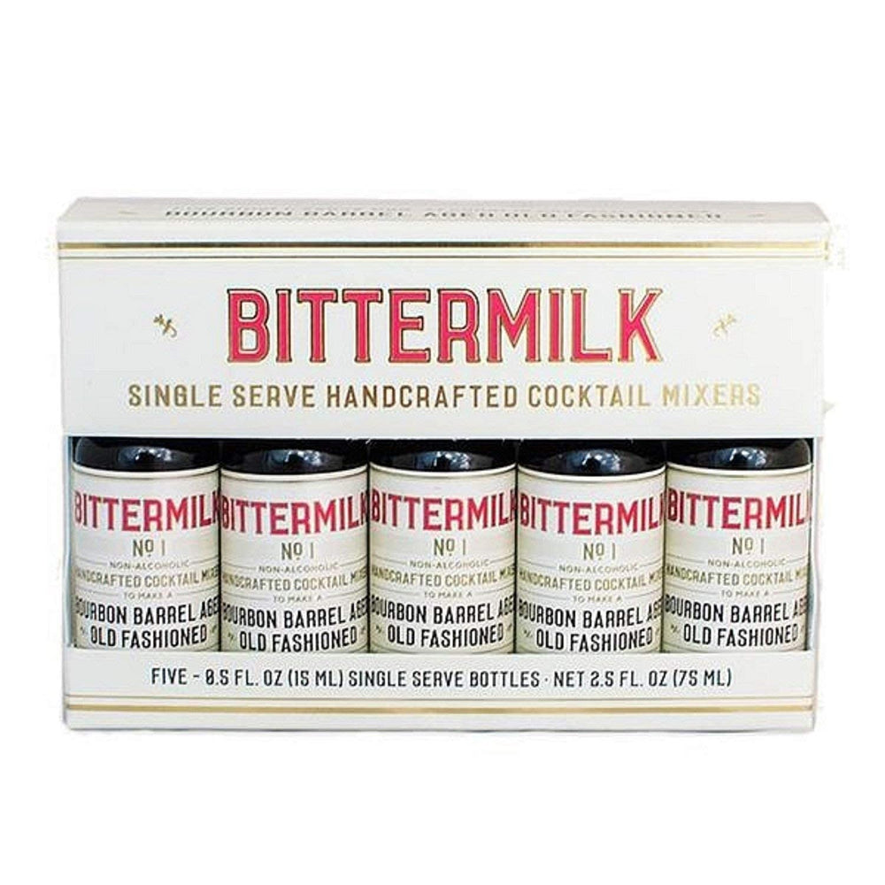 Bittermilk No.1 old fashioned kit packaging highlights five-pack convenience.
