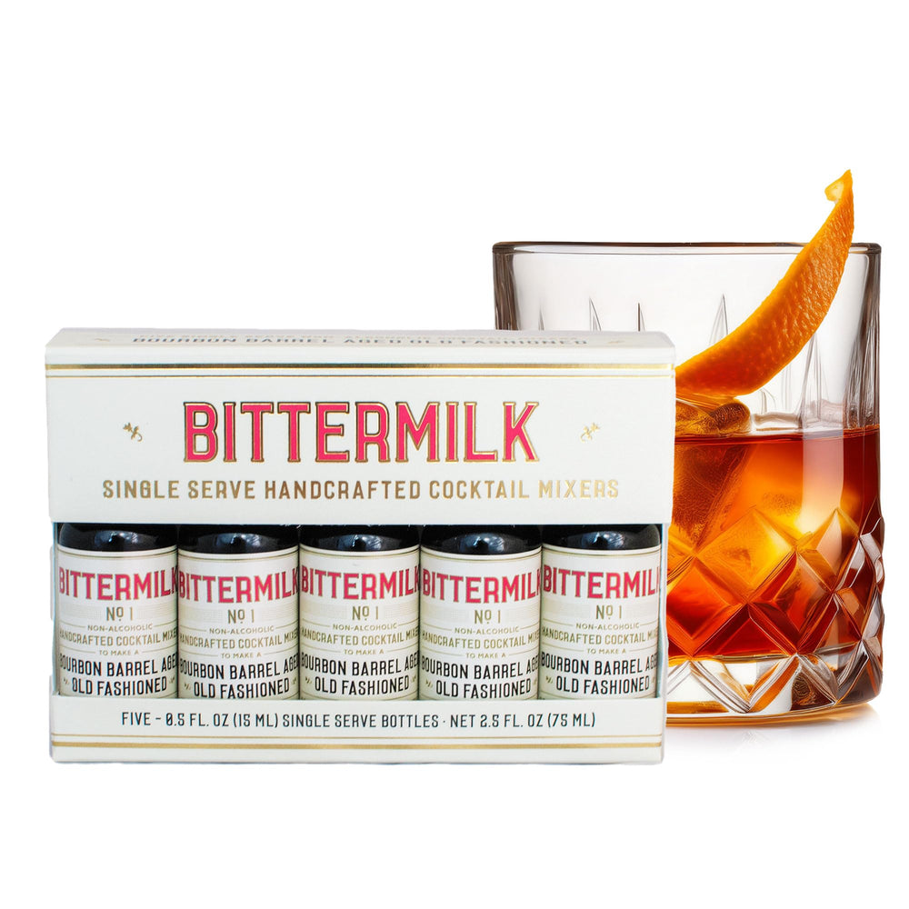 Bittermilk No.1 old fashioned mix bottle close-up showing barrel-aged complexity.