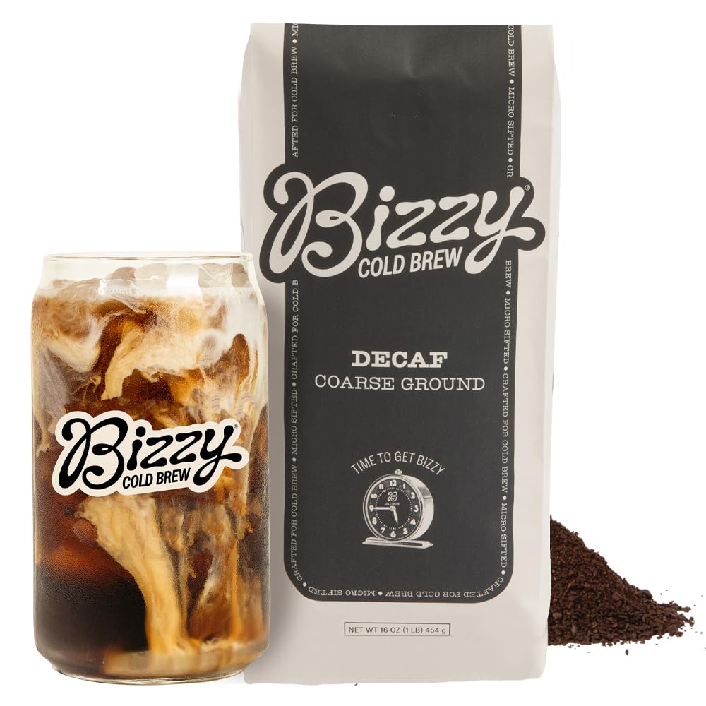 Bizzy Cold Brew decaf coarse-ground coffee ready for at-home brewing.